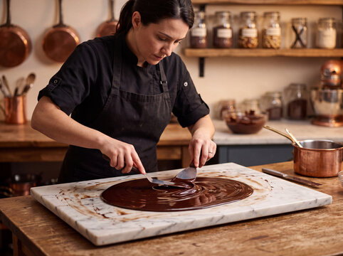 Femme chef en tablier noir pr&eacute;parant avec pr&eacute;cision un dessert au chocolat fondu sur un plan de travail saupoudr&eacute; de sucre glace dans une cuisine professionnelle
