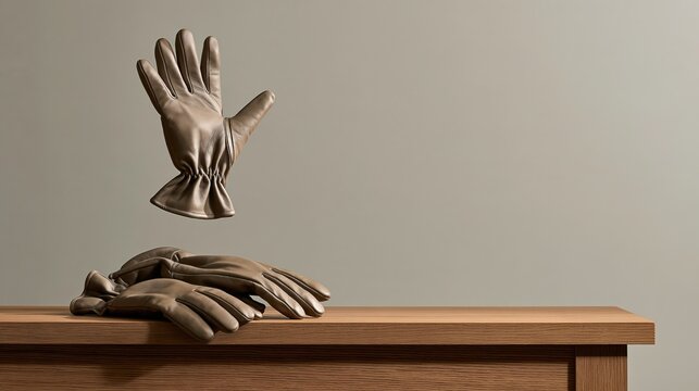 Funny levitating leather gloves waving, one floating higher, winter photo