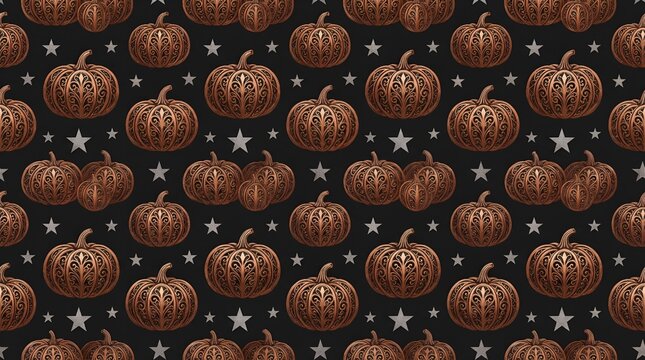 A subtle dark seamless pattern featuring small rustic brown pumpkins and glowing starlets spread over a dark background.