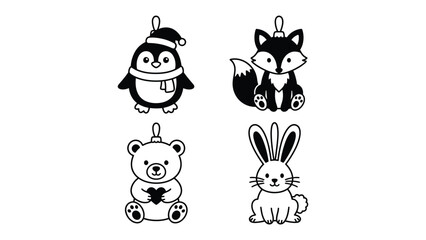 Obraz premium Christmas Ornament Set: A delightful collection of four festive Christmas ornaments featuring a penguin in a Santa hat, a fox, a bear holding a heart, and a bunny.