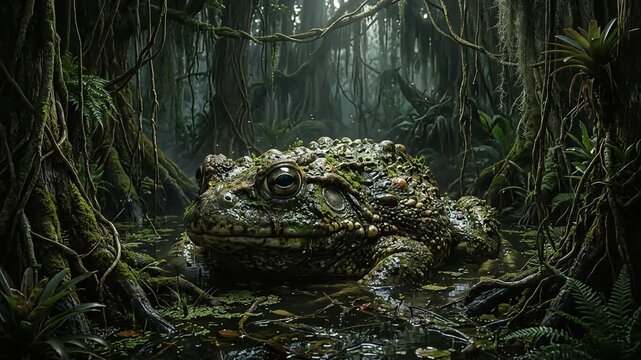 Massive textured green toad sitting calmly inside a dark misty swamp jungle video background clip