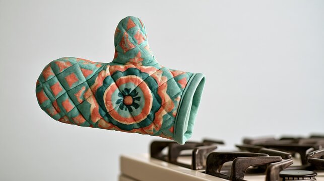 Cozy floating oven mitt with thumbs-up on stove, festive photo