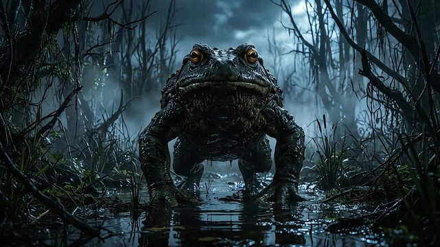 Giant toad walking through a dark mystical swamp with glowing yellow eyes in spooky cinematic video footage