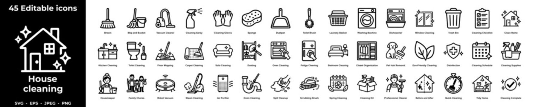 House cleaning and home hygiene icon set with house, cleaning, home, vacuum, mop, spray, laundry, kitchen, bathroom and hygiene symbols