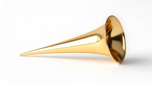 Unique angle of a golden party horn on a white background, conveying festive vibes and adding a touch of elegance to celebrations