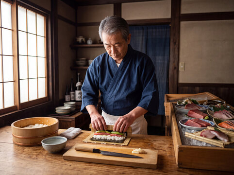 Ma&icirc;tre sushi japonais concentr&eacute; pr&eacute;parant des nigiris frais avec pr&eacute;cision artisanale dans un atelier traditionnel baign&eacute; de lumi&egrave;re naturelle, alliant h&eacute;ritage culturel et excellence culinaire
