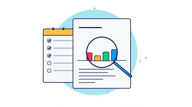 2D flat vector animation of a business report being analyzed by a magnifying glass with a checklist verification process.