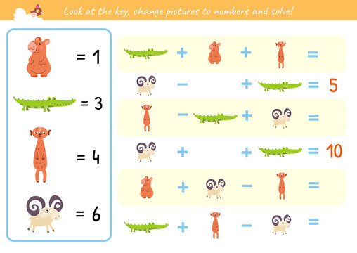 Math game worksheet for kids replace pictures with numbers, addition and subtraction educational page with cute wild animals.