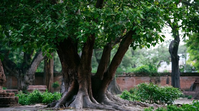 A majestic ancient tree with thick roots and lush green leaves stands in a serene garden with stone ruins and other trees in the background