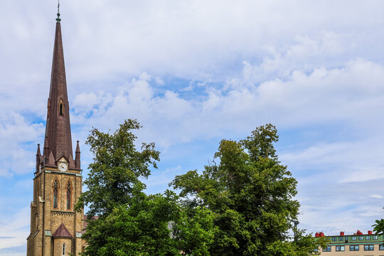 Gothenburg, Sweden - 13. August 2026: Vasa Church spire rising above Gothenburg city