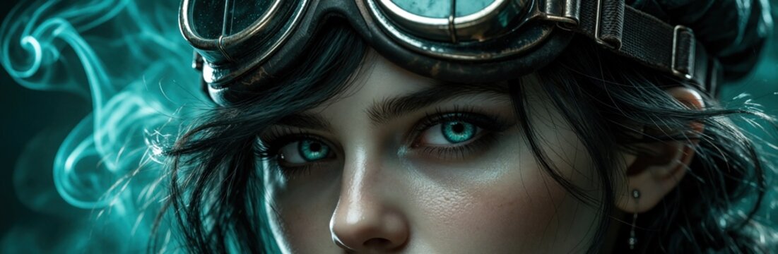Close up portrait of beautiful steampunk girl with turquoise eyes, dark hair. Wears vintage brass goggles on forehead. Mystic teal smoke swirls around face in fantasy sci-fi setting. Creative retro