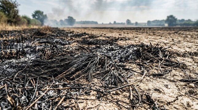 Burnt field residue and smoke linger over dry land after agricultural fire