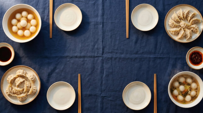 Winter family dinner table with tangyuan dumplings and soup