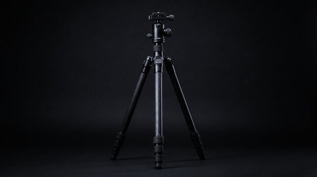 Professional carbon fiber camera tripod with ball head on black background for studio photography equipment setup and stability during long exposure video capture.