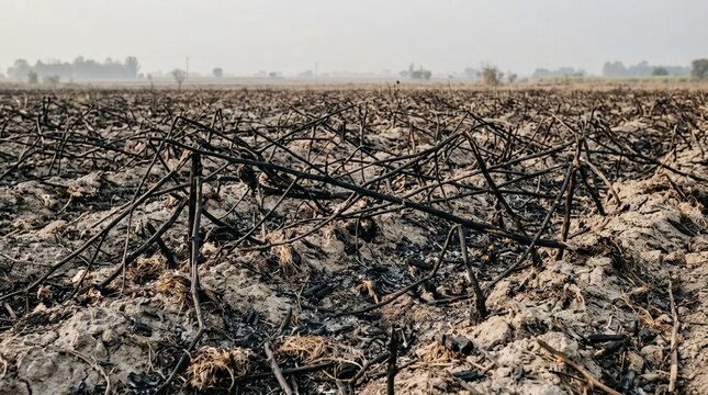 Charred cotton stalks litter a desolate agricultural field after a destructive burn, hinting at the harsh realities of farming and environmental impact.
