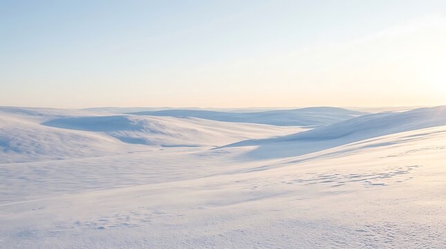 Rolling snow covered hills in arctic landscape during soft sunset light.