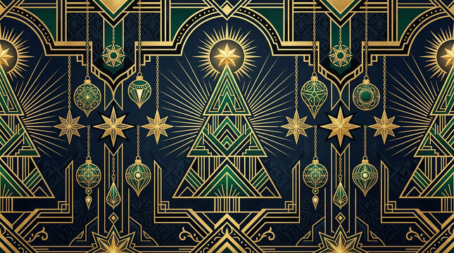 Art deco inspired christmas tree and ornaments in gold and green on a dark blue background for festive design.