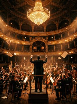 Grand Symphony Orchestra Performance with Conductor in Ornate Opera House Theater with Flying Sheet Music