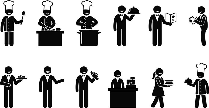Set of restaurant staff icons including chefs, waiters, and cashier, vector illustration
