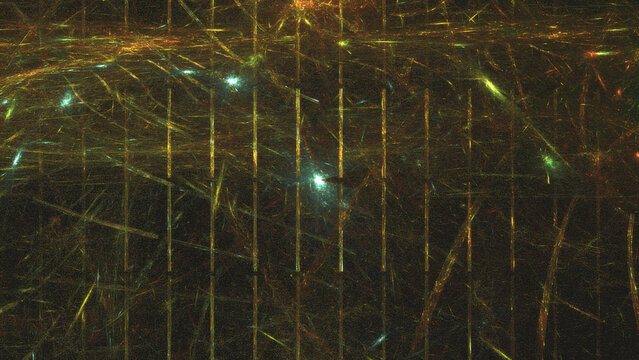 This abstract image features complex pattern of intersecting lines and glowing points, creating dynamic and energetic visual effect. colors include shades of gold, blue, and green, adding depth