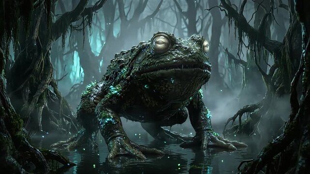 Giant mysterious toad sitting in a dark misty swamp surrounded by glowing fireflies in magical animation footage