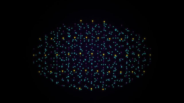 Abstract digital data points forming oval shape moving on black background motion footage.