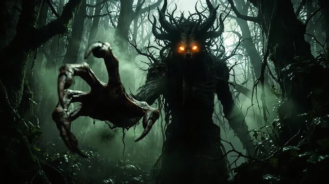 Terrifying monster with glowing eyes reaching out with giant claw in a dark misty forest video footage