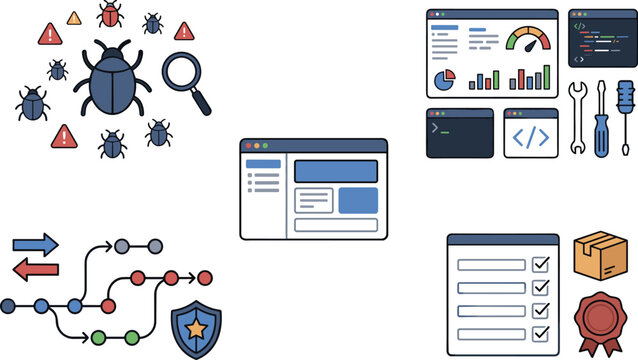 Software Quality Assurance and DevOps Testing Vector Set with Bug Tracking Magnifying Glass Code Windows Tools Wrench Screwdriver Git Branch Security Shield Checklist and Badge