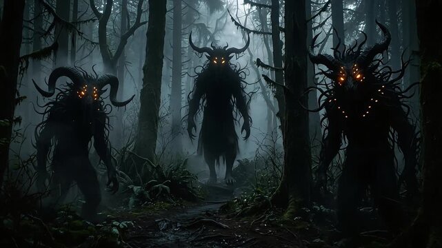 Terrifying horned creatures with glowing orange eyes lurking inside dark misty forest video footage clip