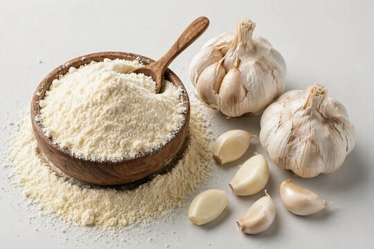 Garlic Powder in Wooden Bowl with Fresh Garlic Bulbs