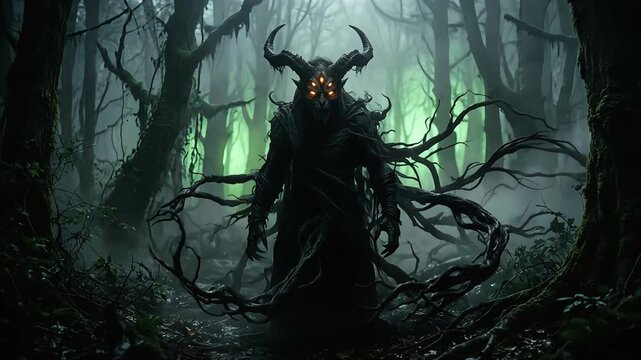 Terrifying horned demon creature standing in a dark misty forest with glowing orange eyes in video motion footage