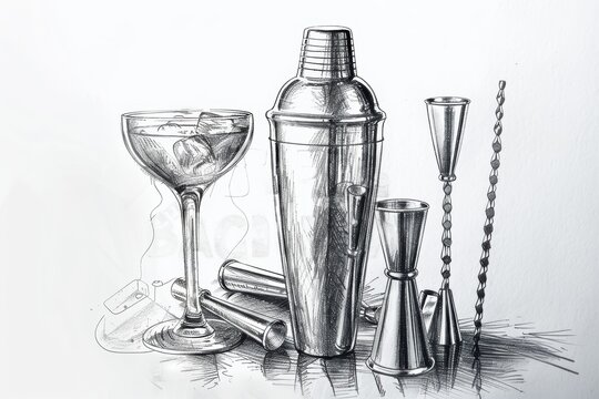 A detailed hand drawn pencil sketch of classic stainless steel cocktail barware including a shaker jigger bar spoon and glassware on a clean background.