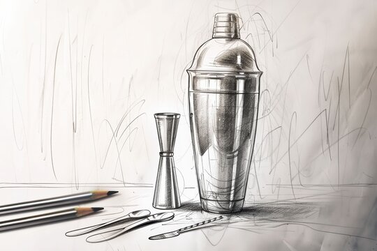 A detailed hand drawn pencil sketch of classic stainless steel cocktail barware including a shaker jigger bar spoon and glassware on a clean background.