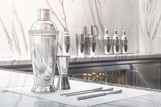A detailed hand drawn pencil sketch of classic stainless steel cocktail barware including a shaker jigger bar spoon and glassware on a clean background.