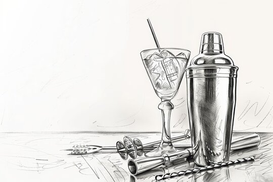A detailed hand drawn pencil sketch of classic stainless steel cocktail barware including a shaker jigger bar spoon and glassware on a clean background.