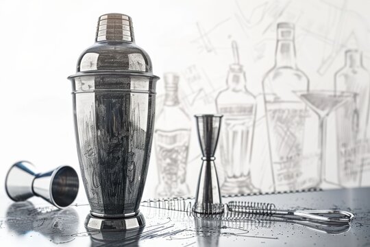 A detailed hand drawn pencil sketch of classic stainless steel cocktail barware including a shaker jigger bar spoon and glassware on a clean background.