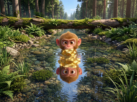 Playful monkey holding glowing golden nugget reflected in clear forest stream, curious expression and magical sparkle