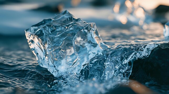 Melting ice crystal transforming into flowing water beneath soft morning light premium climate science background