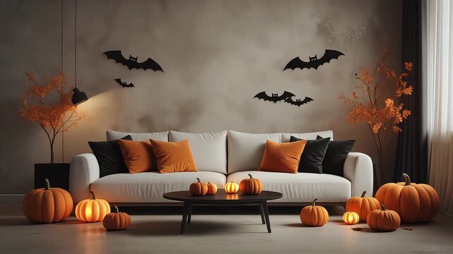 Halloween living room interior decorated with white sofa orange pillows pumpkins and flying bats video animation