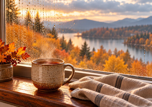 Steaming mug of tea on rainy window sill with autumn lake and mountain view, horizontal