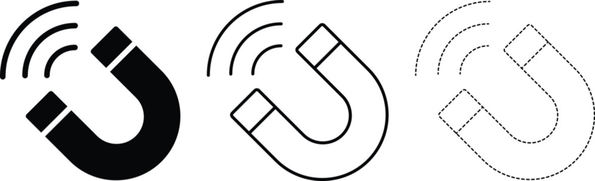Magnetic waves icon set with horseshoe magnet and signal waves in outline and solid styles for physics, magnetism, and force concepts