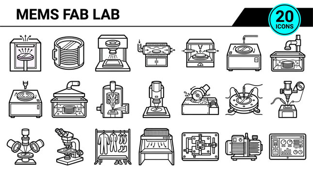 Mems fab lab icons show line art vectors for microelectromechanical systems fabrication semiconductor manufacturing and cleanroom equipment.