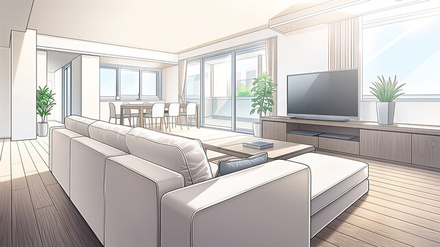 大きな窓とバルコニーのある明るいLDKのアニメ風イラスト