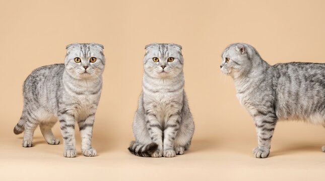 Three scottish fold cats in standing, sitting, and side poses with silver tabby coats and amber eyes