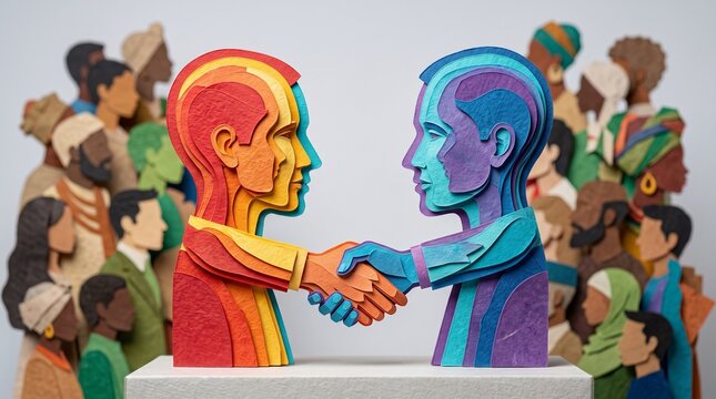 Colorful paper cutout figures shaking hands before diverse crowd background