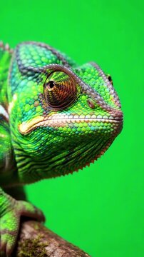 Close up shot of a tropical lizard flicking its tongue out while sitting still against a bright green screen background
