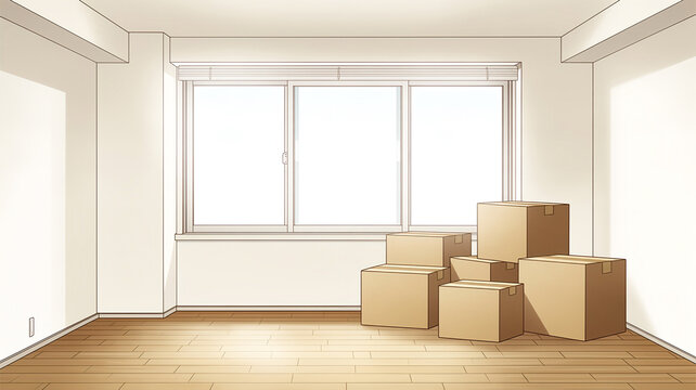 引っ越し準備中の空室に積まれた段ボール箱のアニメ風イラスト