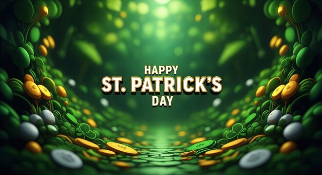 Happy St. Patricks Day greeting with green foliage, shamrocks, clover and coins illustration. Holiday celebration background for event card.