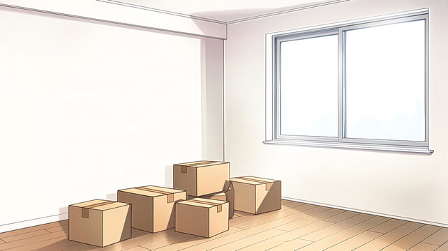 引っ越し準備中の空室に積まれた段ボール箱のアニメ風イラスト