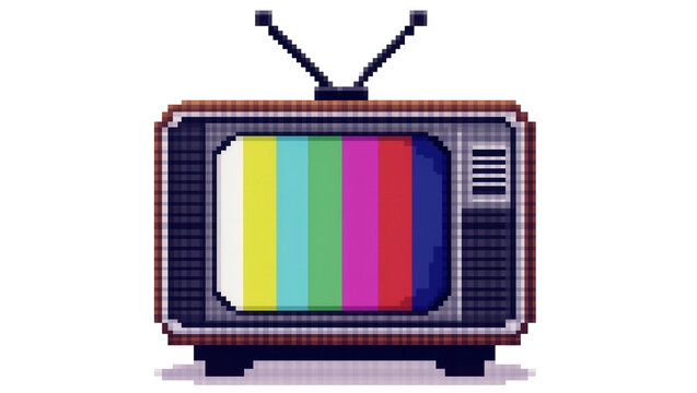 Retro pixelated television with color bars test pattern, isolated on transparent background
